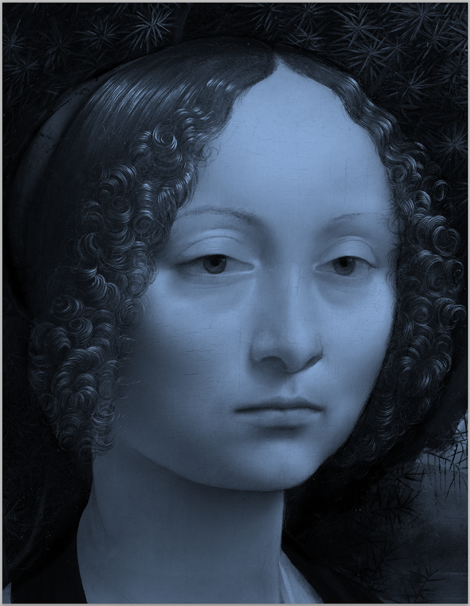Ginevra de Benci blue (after Leonardo da Vinci) 2024. <br>Acrylic and diamond dust in canvas
62 x 48 inches.