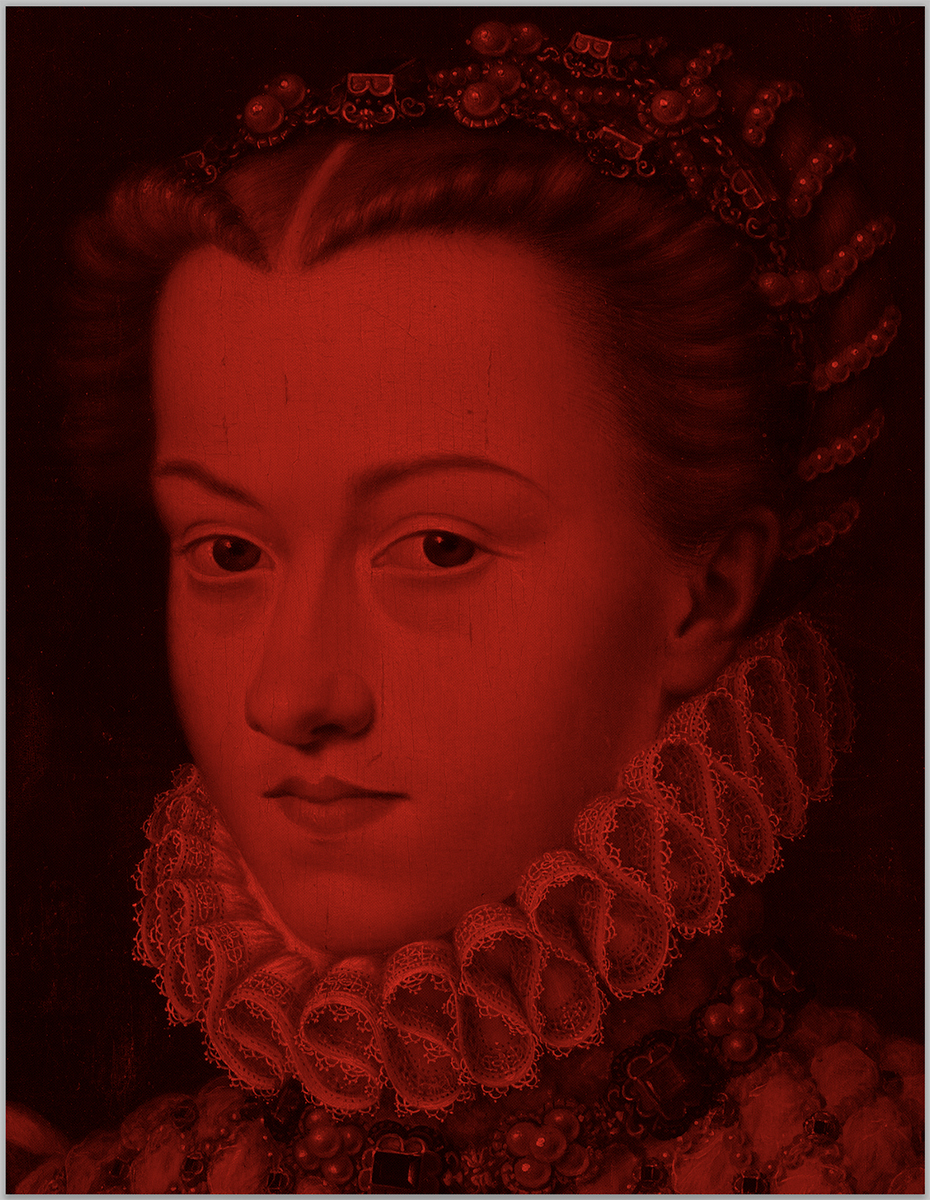 Elizabeth d’Autriche red (after Francois Clouet), 2024. <br>Acrylic and diamond dust in canvas
62 x 48 inches.