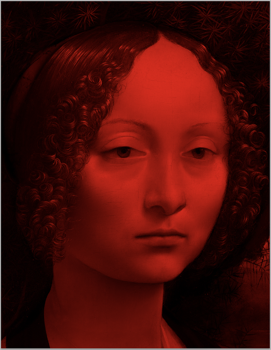 Ginevra de Benci red (after Leonardo da Vinci) 2024. <br>Acrylic and diamond dust in canvas
62 x 48 inches.