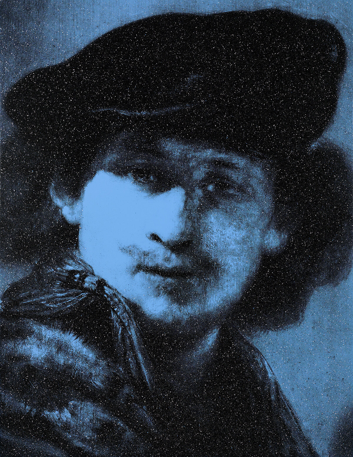 Self-portrait with velvet beret blue (after Rembrandt), 2023.<br>
Acrylic and diamond dust in canvas
62 x 48 inches.