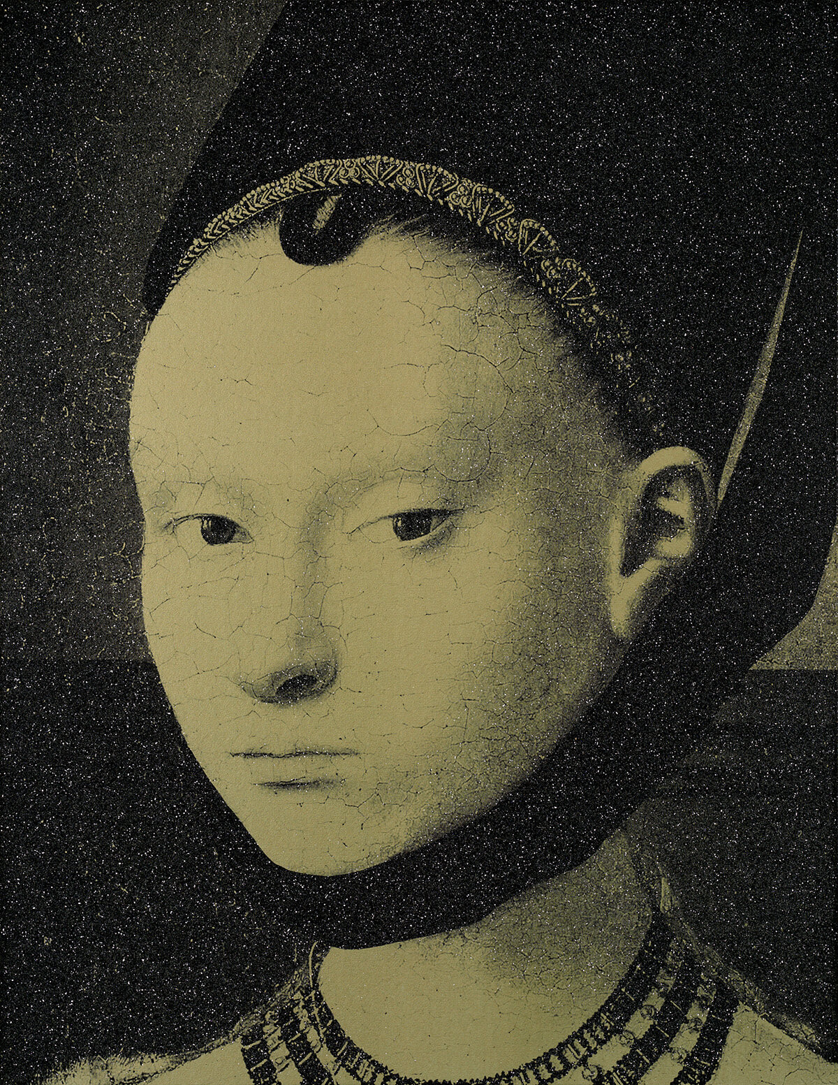 The Young Girl gold (after Petrus Christus), 2023.<br>
Acrylic and diamond dust in canvas
62 x 48 inches.