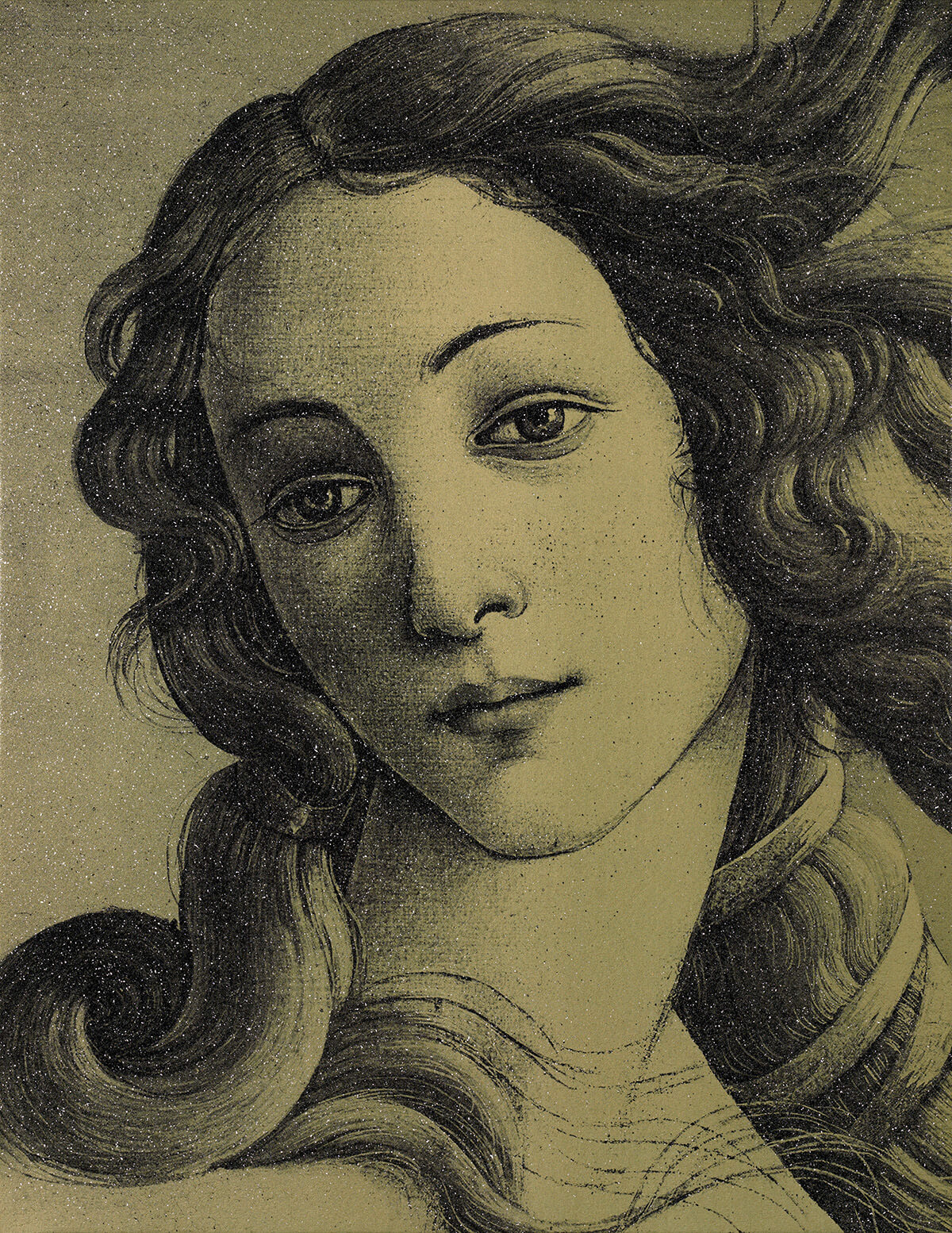 The Birth of Venus gold (after Botticelli), 2023.<br>
Acrylic and diamond dust in canvas
62 x 48 inches.