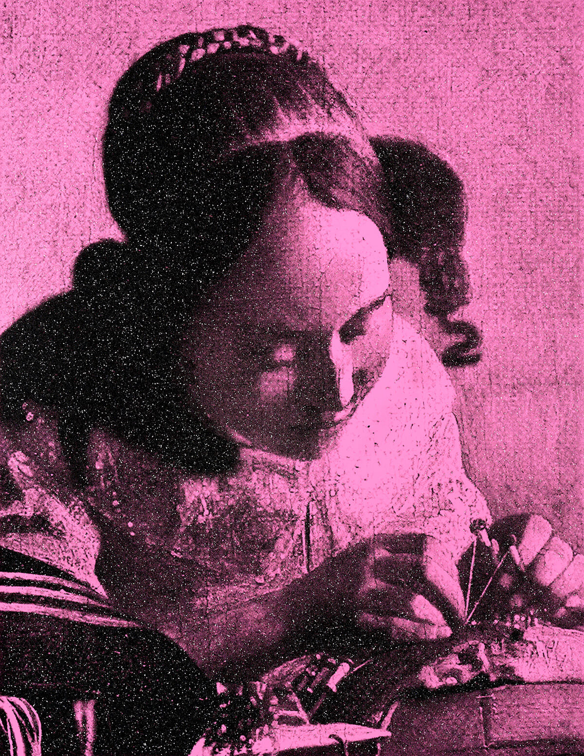 The Lacemaker pink (after Vermeer), 2023.<br>
Acrylic and diamond dust in canvas
62 x 48 inches.