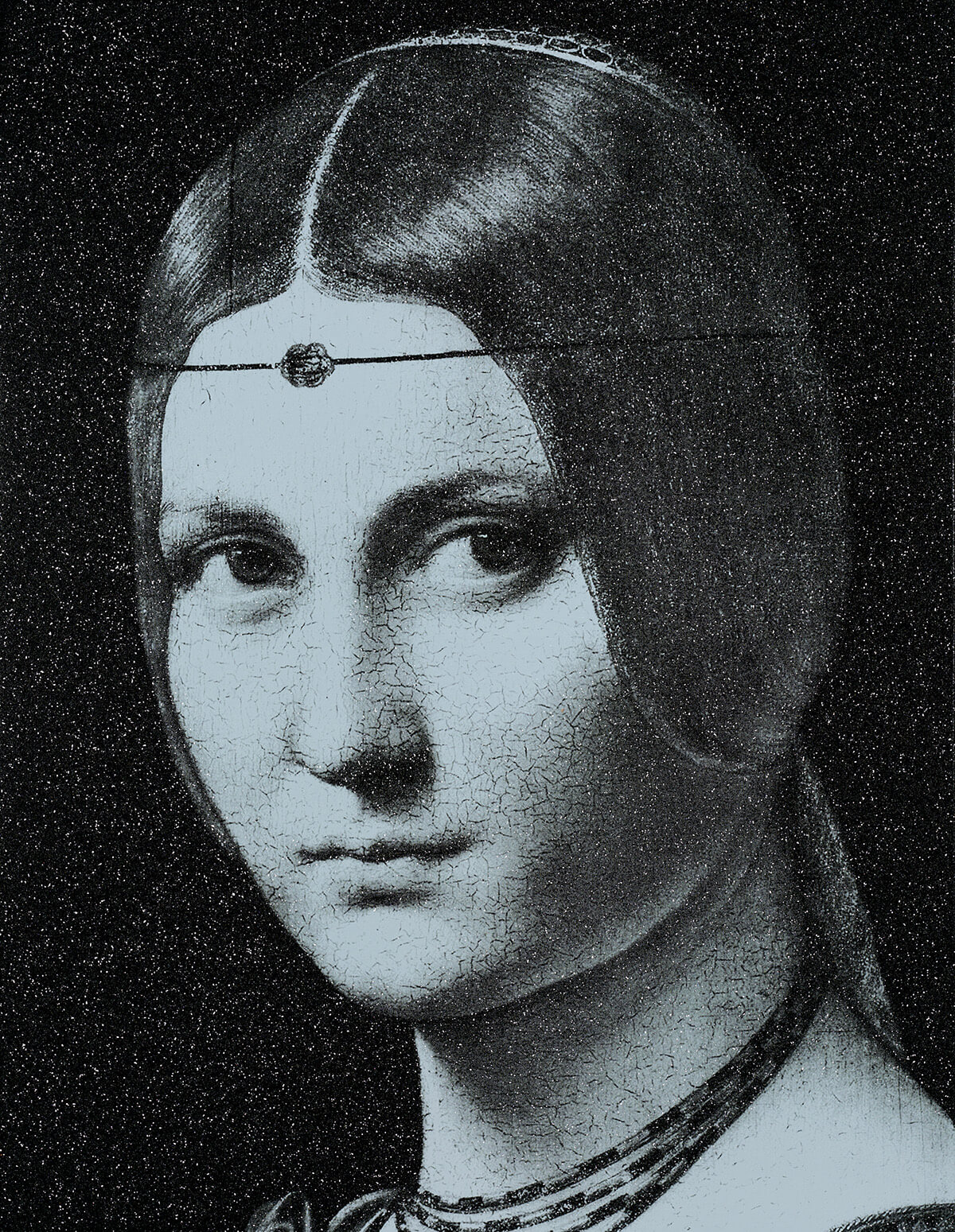 La Belle Ferronnière grey (after Leonardo da Vinci), 2023.<br>
Acrylic and diamond dust in canvas
62 x 48 inches.