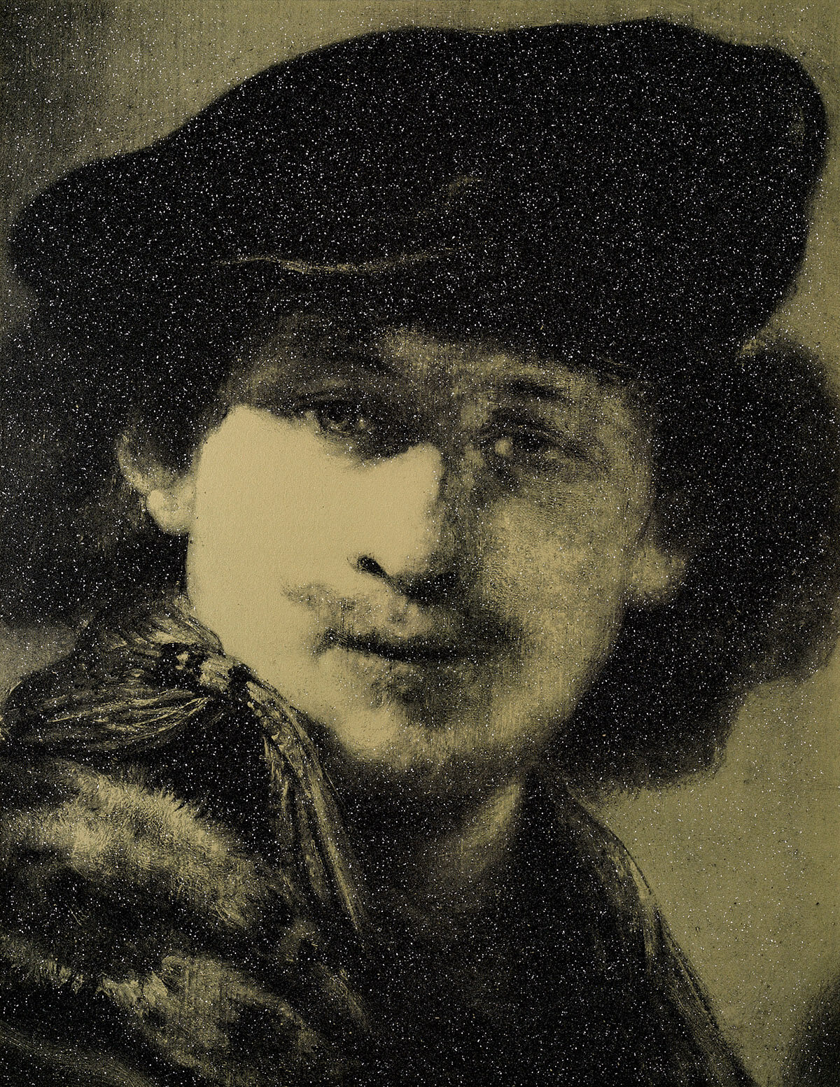 Self-portrait with velvet beret gold (after Rembrandt), 2023.<br>
Acrylic and diamond dust in canvas
62 x 48 inches.