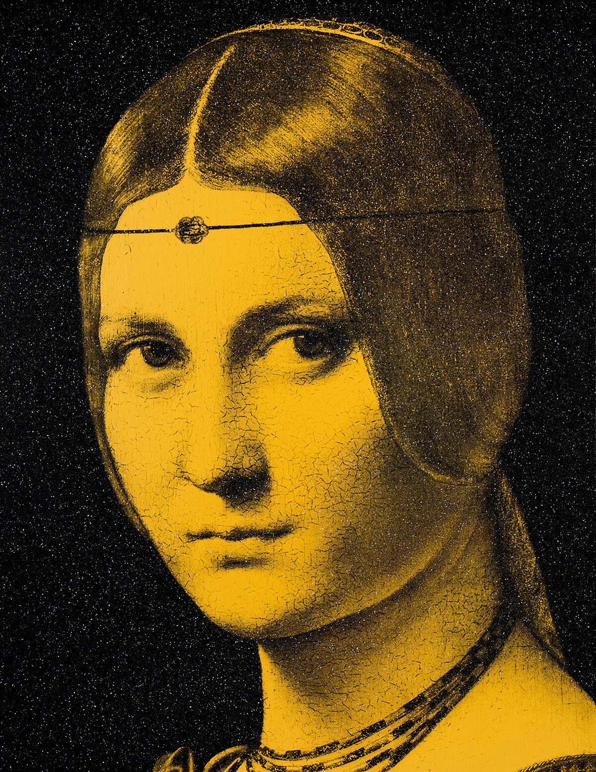 La Belle Ferronnière yellow (after Leonardo da Vinci), 2023.<br>
Acrylic and diamond dust in canvas
62 x 48 inches.