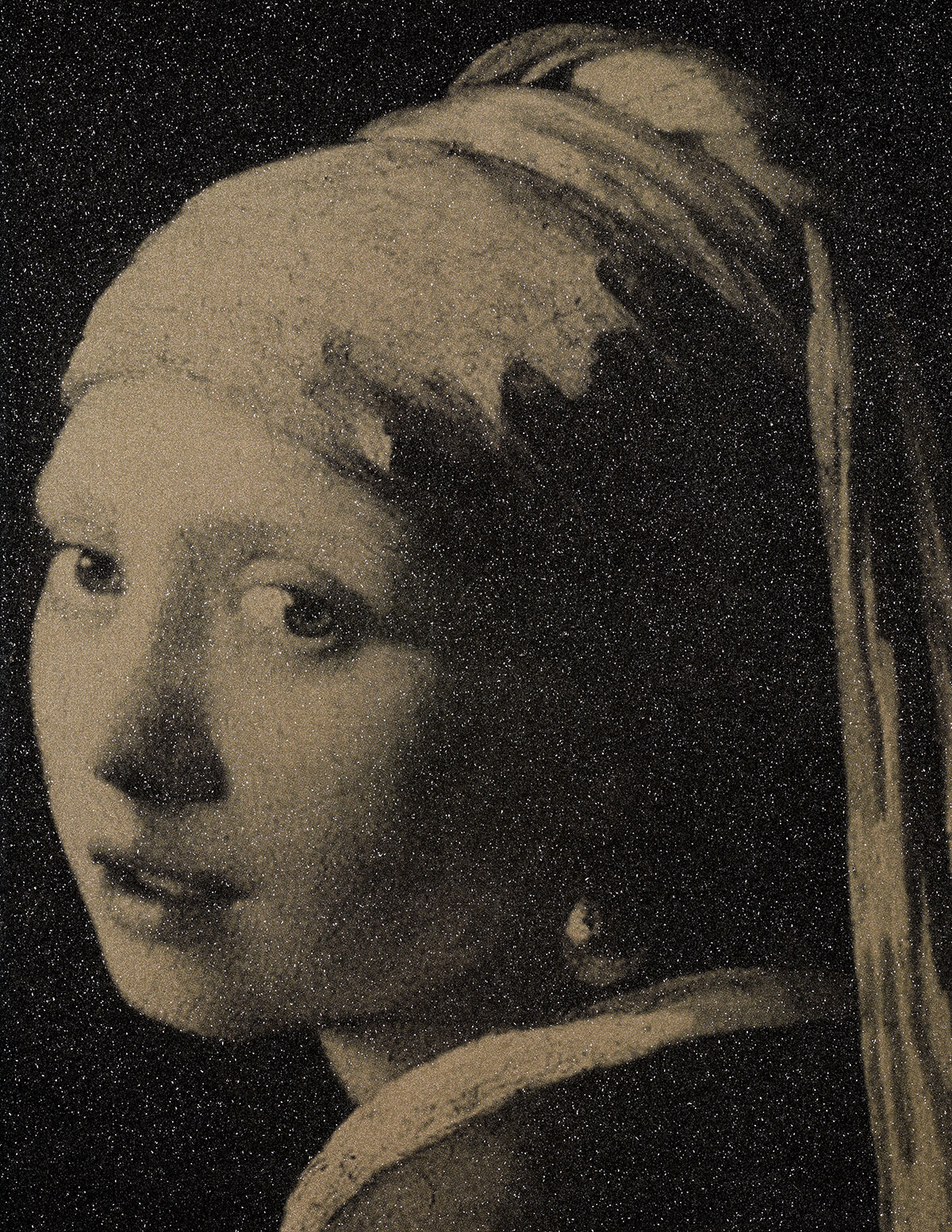 The Girl with the Pearl Earring gold (after Vermeer), 2023.<br>
Acrylic and diamond dust in canvas
62 x 48 inches.